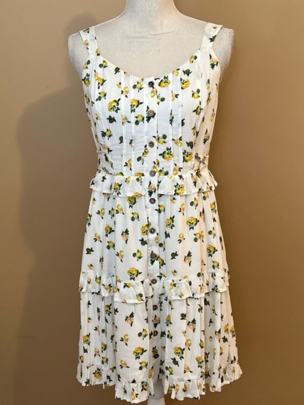 Altar’d State Lemon Citrus Kiwi print ruffle boho summer mini dress- button down